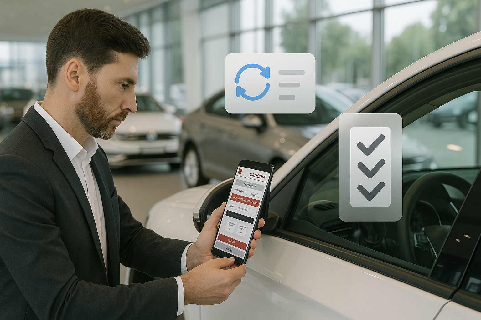 a man examines a car in a car dealership